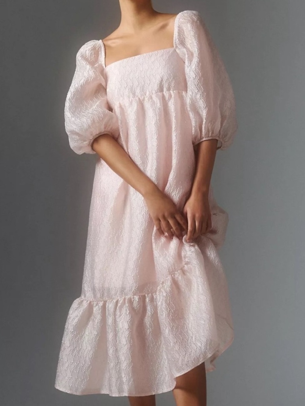 Anthropologie Textured Puff Sleeve Midi Dress Medium